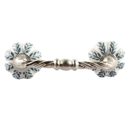 White Base Grey Leaf Ceramic Melon Cut Bridge Handle